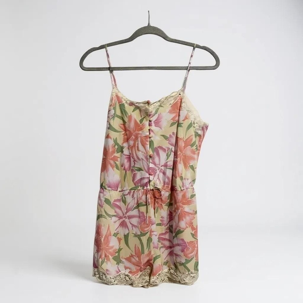 Vtg Victoria's Secret Floral Romper Pajamas Cottagecore Pink Lace Trim